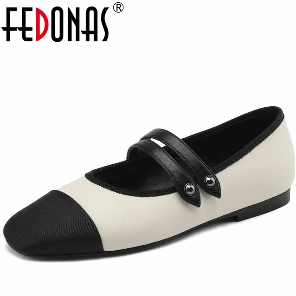 

FEDONAS Women Flats Concise Splicing Genuine Leather Mixed Colors Square Toe Casual Office Lady Shoes Woman Basic Spring Summer