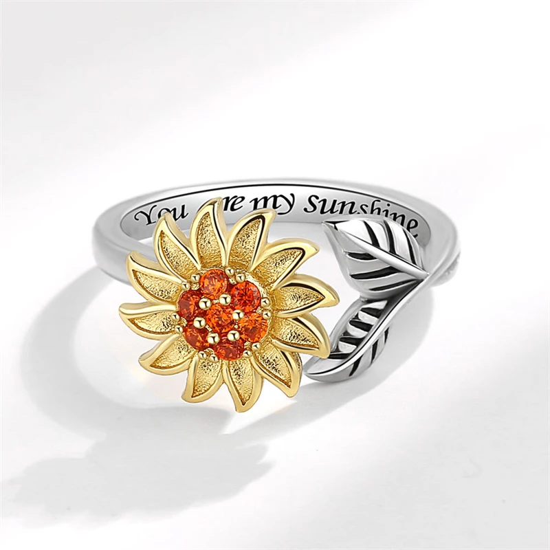 WYEAIIR Rotatable Reduce Pressure Sunflower Gold Art 925 Sterling Silver Resizable Opening Ring For Women Luxury Jewelry 5