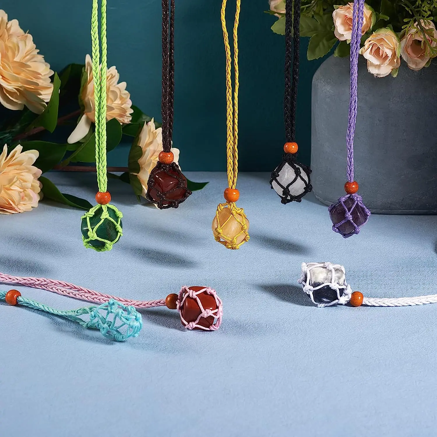 10pcs Empty Stone Crystal Necklace Holder Adjustable Waxed Cord Woven Netted Cage Necklace Healing Chakras Yoga Jewelry Making