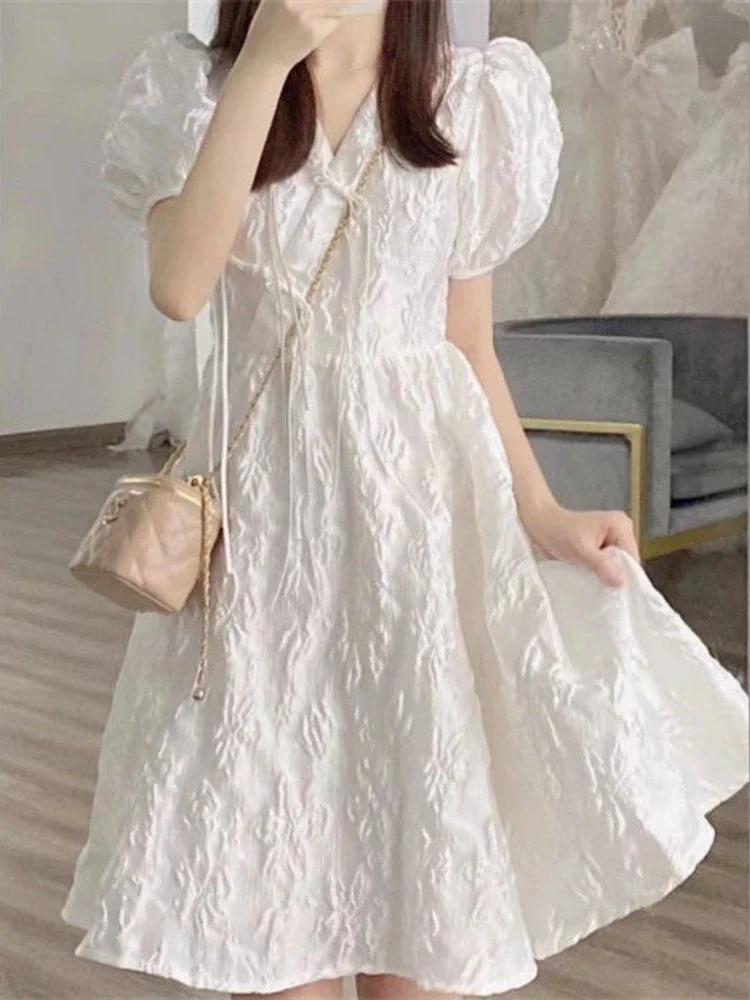 

French Sweet V-Neck Fairy Dress Women Retro Puff Sleeve White Jacquard Mini Dress Soft Girl Summer Relief Cut Dress Ball Gown