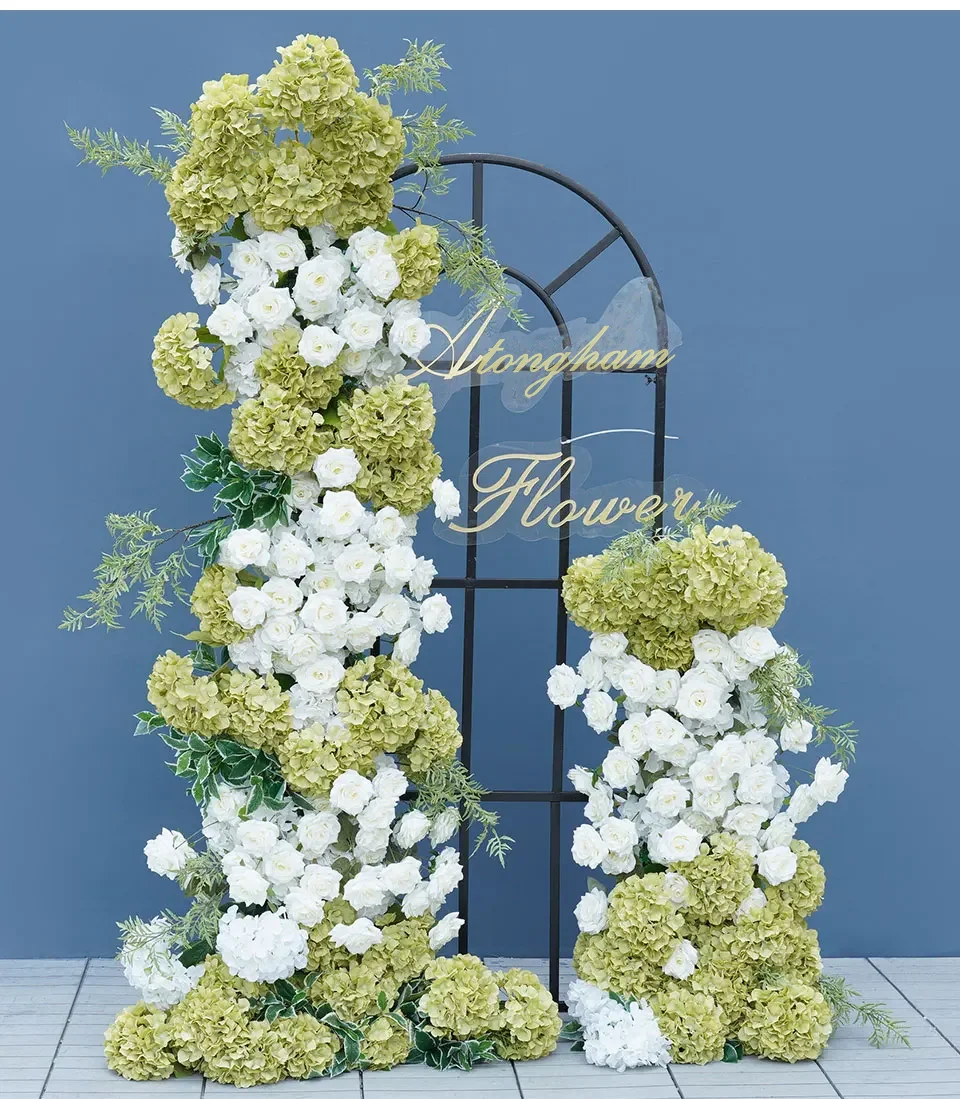 

Green White Hydrangea Rose Flower Runner Wedding Backdrop Arch KT Board Decor Floral Row Arrangement Event Party Props