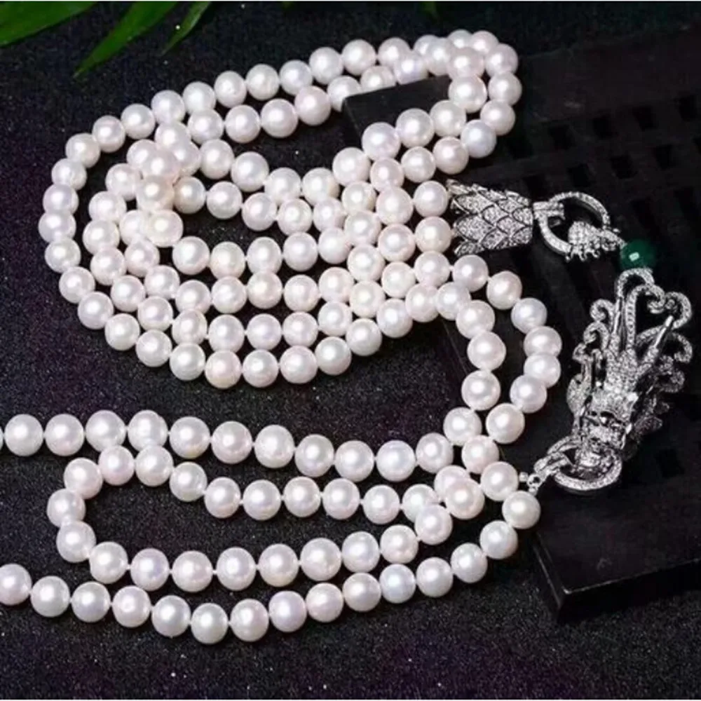 Hand knotted 2 rows necklace natural 8-9mm white freshwater pearl sweater chain nearly round pearl dragon clasp 17-19inch