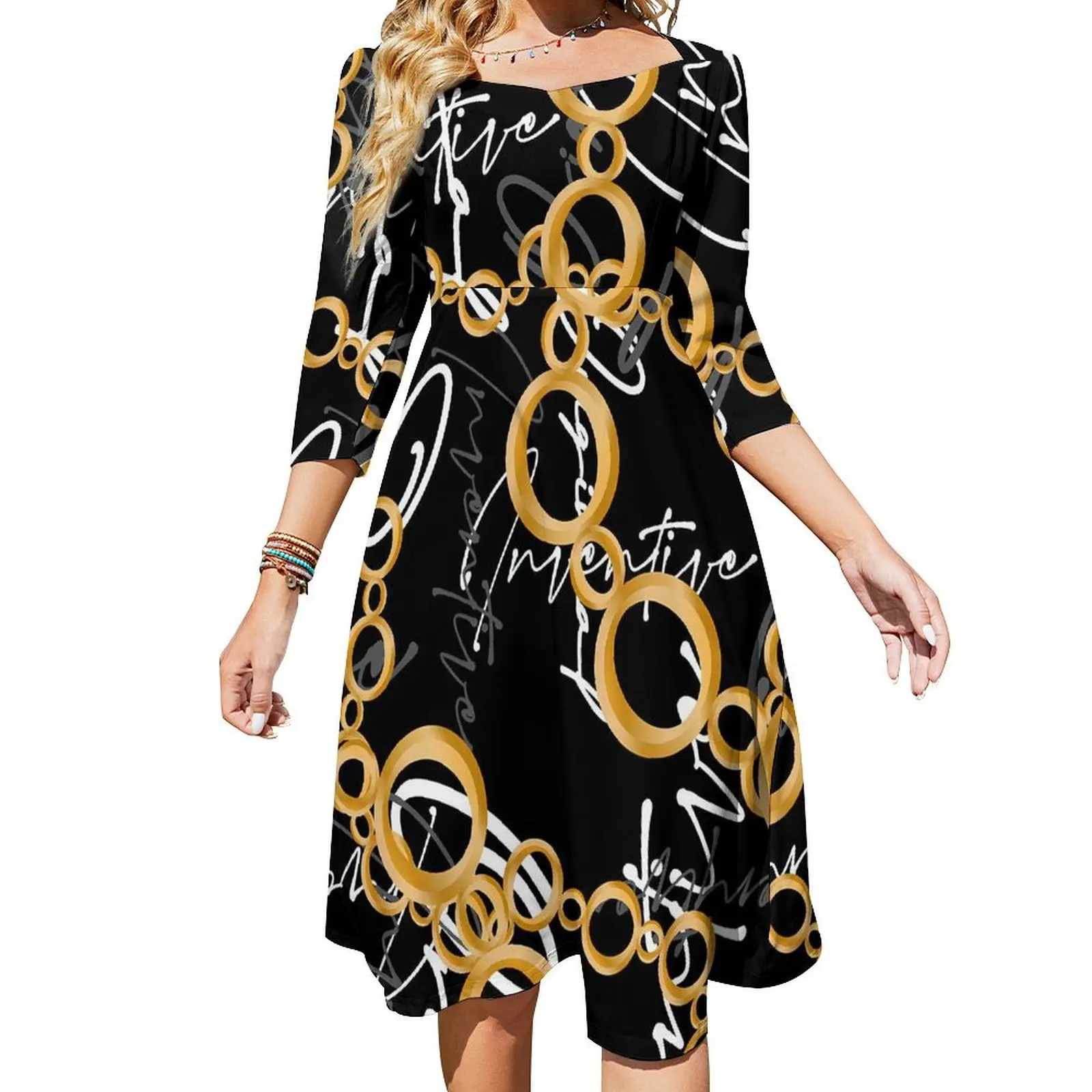 

Gold Chains Casual Dress Women Letter Print Stylish Dresses Sexy Trendy Dress Custom Vestido Big Size