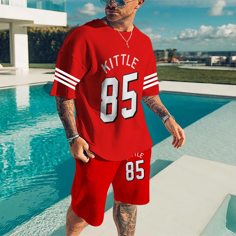 Summer Men's Short-Sleeved Shorts Suit Loose T-shirt Sports Style Red Ball Number Printing Breathable Casual Two-Piece Ball Suit