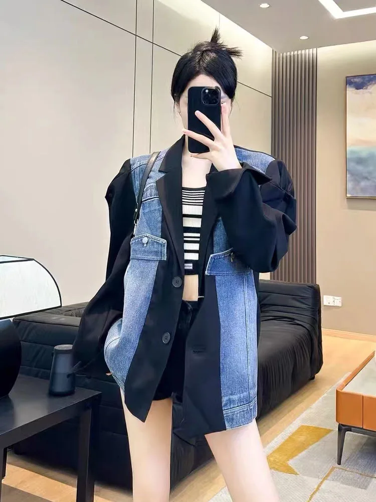 

Oversized Women's Spring And Autumn Loose Suit Collar, Denim Patchwork Jacket Outdoor Clothing Novelties New In Outerwears