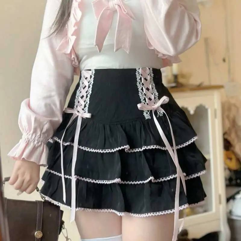 Japanese Kawaii Sweet Lolita Style Skirts for Women, Aesthetic Bandage Fairy Skirts, Cute High Waist, Pleated Mini Short Skirt,