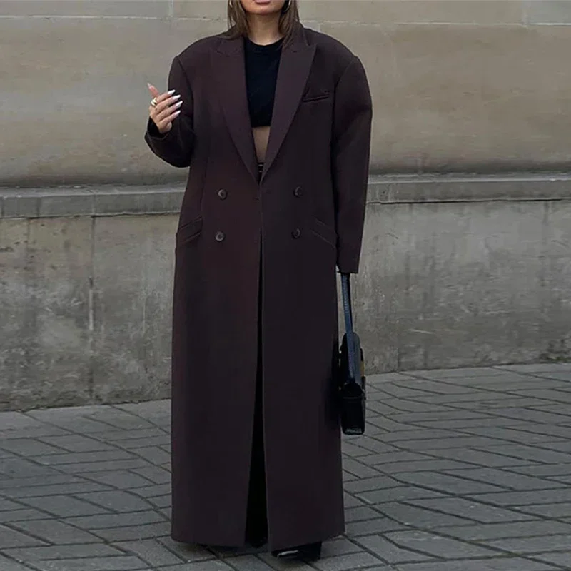 Elegant Lapel Pocket Woolen Long Trench Coat Women Fashion Full Sleeve Loose Overcoat Autumn Winter Lady Commute Outwear
