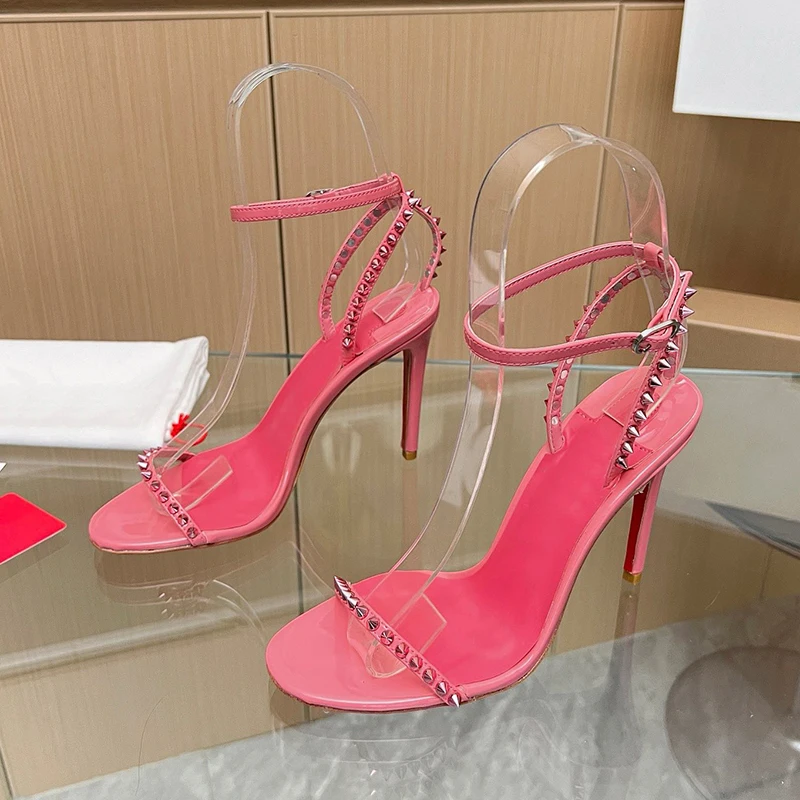 

Appear Thin Female Sandals Summer New Metal Rivet Bordered Decor Sexy High Heel Sandals One Strap Upper Banquet Women's Pumps