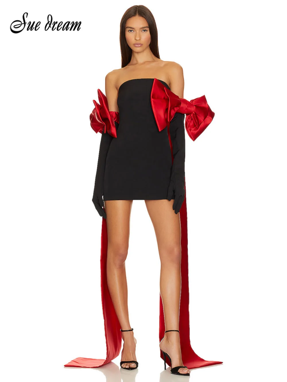 

2024 женское сексуальное мини-платье без бретелек с бантом и перчатками, облегающее коктейльное вечернее платье знаменитости