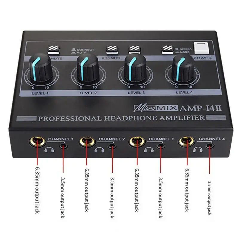 AMP?I4Ⅱ 프로페셔널 4채널 헤드폰 앰프 오디오 컴팩트 스테레오 앰프+6.35Mm 3.5Mm 입력 볼륨 조절