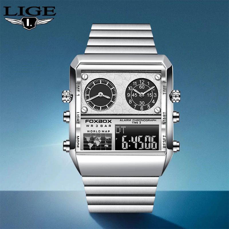 LIGE NEW Dual Display Quartz Men Watches Military Luminous Sports Man Wrist Watch Steel Band Waterproof Male Clock Reloj Hombre