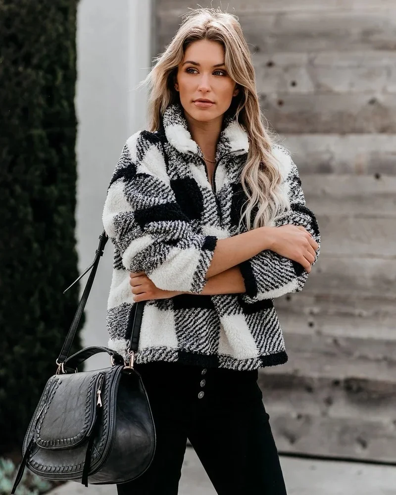 Autumn Winter Thick Plaid Sweatshirts Women Stand Collar Zip Up Loose Leisure Pullovers Black Checkerboard Pullover Sweatshirts