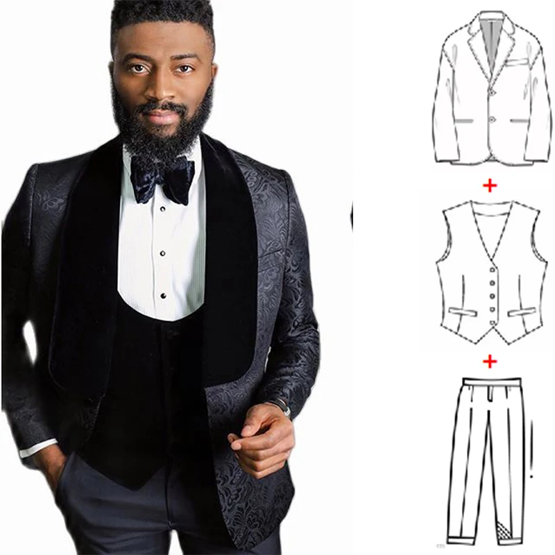 

Black Jacquard Suits for Men 3 Piece Slim Fit Groom Wedding Tuxedo Velvet Vest Tailor Made Best Man Party Suits Costume Homme
