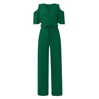 Jumpsuit Summer Pure Color Women Sexy Deep V Neck Short Sleeve Rompers Fashion Slim Fit Lace Up Elegant Female Wide Leg Jumpsuit - Image 5