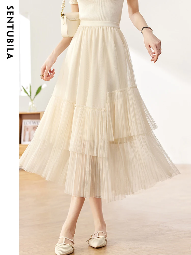 SENTUBILA Summer Elegant Apricot Skirts for Women 2023 Fashion Casual Elastic Waist A Line Basics Loose Fit Umbrella Skirt