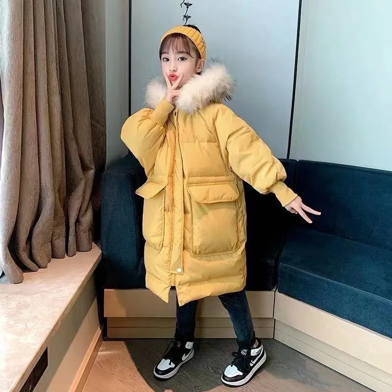 

2023 Winter Girls Long Fur Hooded Parkas with Pocket Baby Kids Children Thick Warm Coat Outerwear