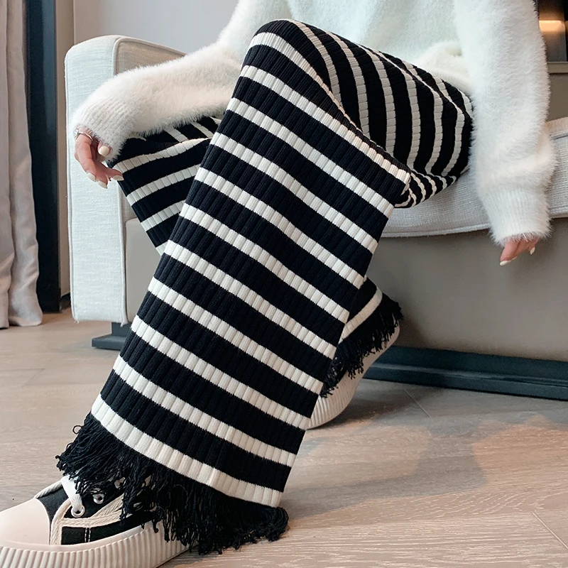 Striped fringe knitted wide leg pants for women in autumn and winter, new casual loose knit long pants