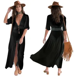 Women's Summer Cover-Ups Black Color Sexy Lace Chiffon Beach Swimsuit Cardigan Jacket Bikini Short Sleeve Sun Protection Cloth