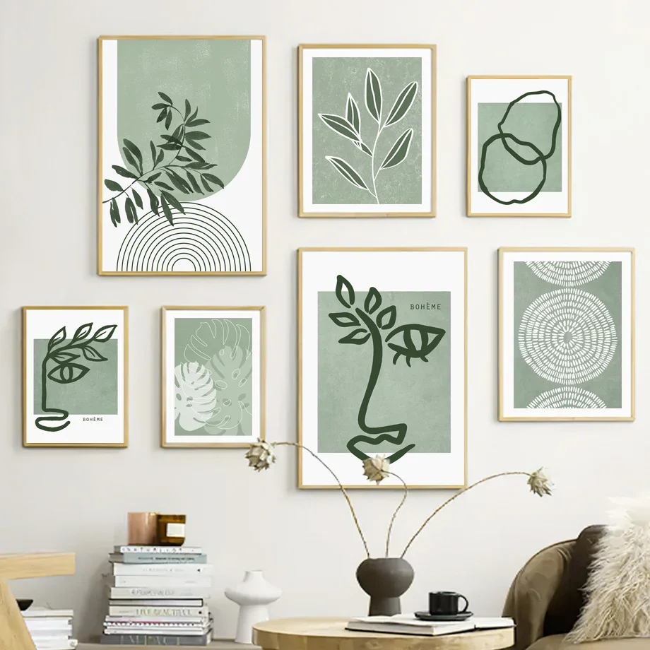 

Green Abstract Line Arched Leaves Girl Face Art Canvas Painting Nordic Posters And Prints Wall Pictures For Living Room Decor