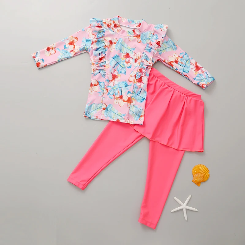 Girls Swimsuit Girl Two Pieces Suit 3-11 Year Children Long Sleeve Skirt Swimsuit Kid Cute Flower Print Swimwear Baby Bathing Suit