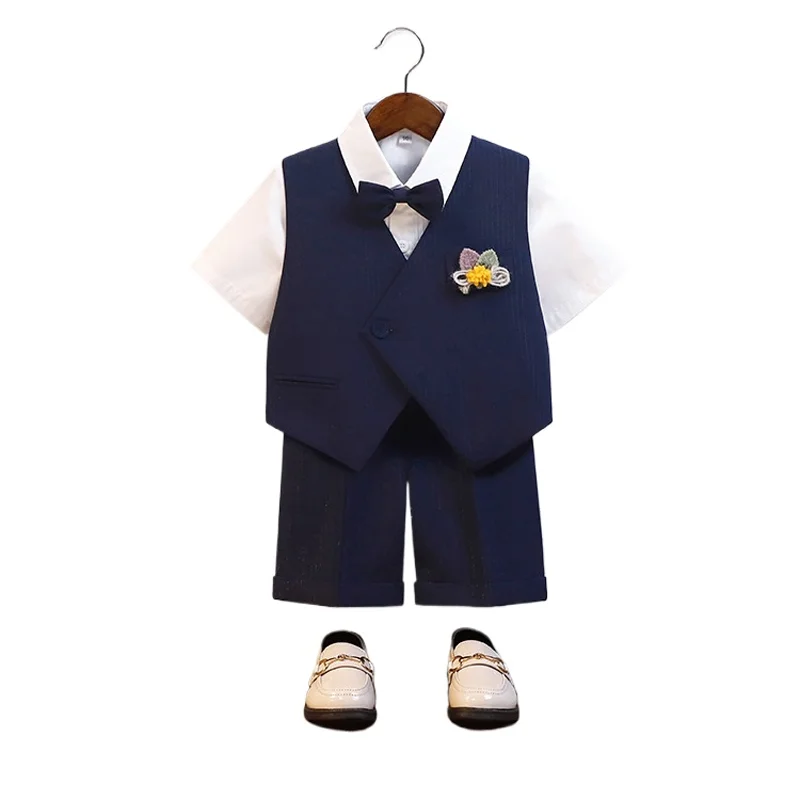 

Boys Summer Navy Vest Suit Children Piano Performance Wedding Party Birthday Photography Costume Kids Waistcoat Shorts Outfit