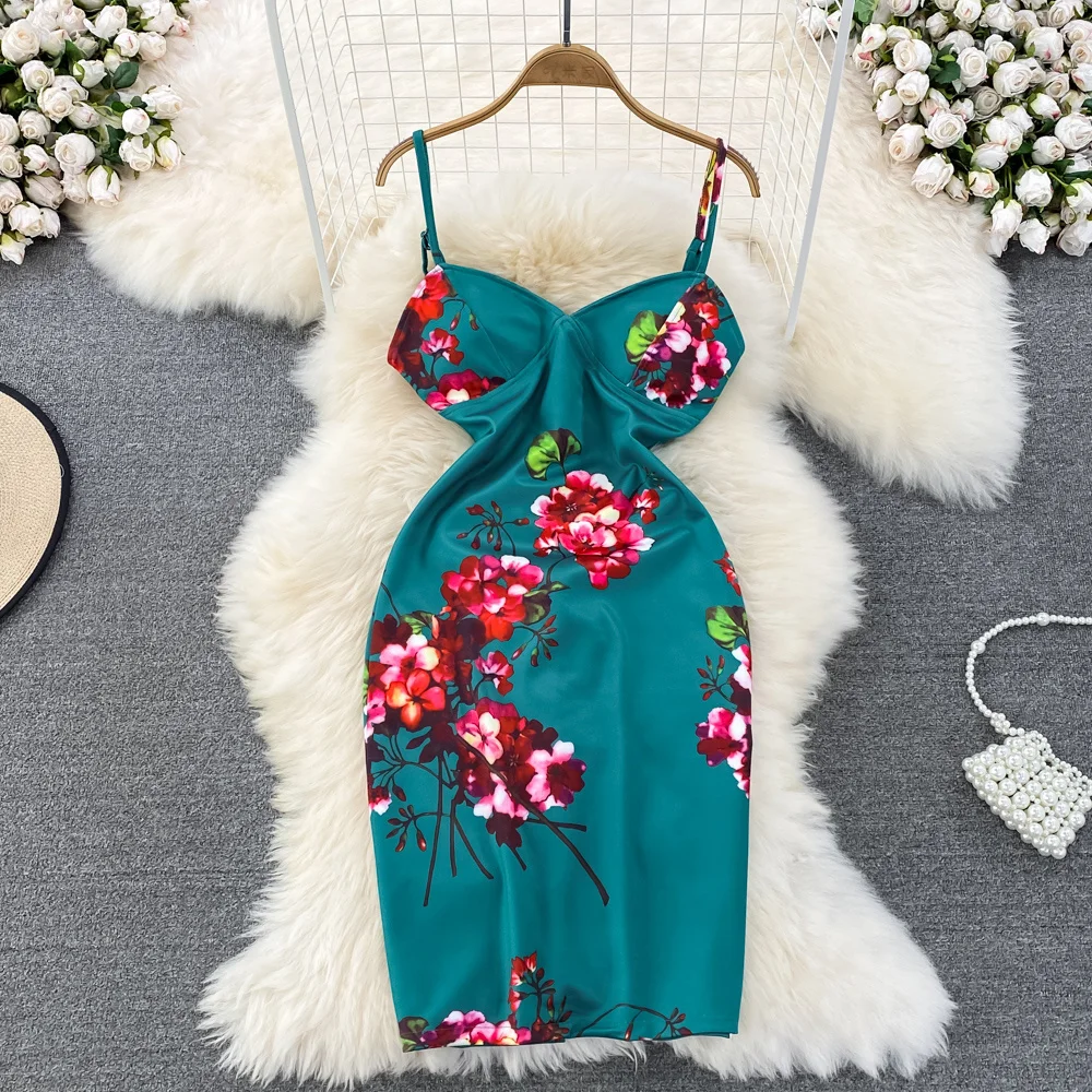 

Сексуальное женское мини-платье Foamlina, облегающее платье в винтажном стиле с цветочным принтом, на бретельках, без рукавов, с открытой спиной, летнее Клубное платье