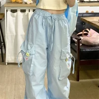 Blue Sweet Embroidered Casual Trousers Women Japanese Versatile Trend Summer High Waist Loose Multi Pocket Wide Leg Cargo Pants - Image 4