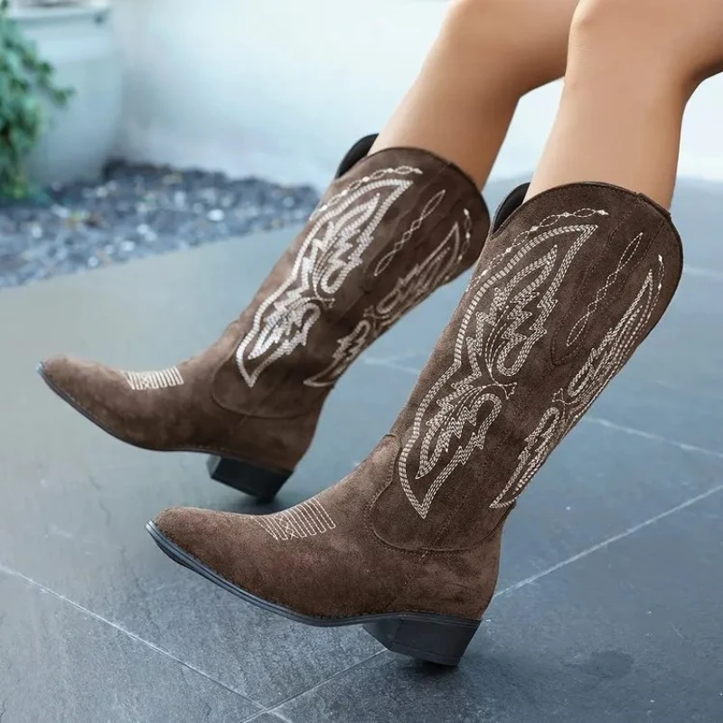 Women Fashion Boots Spring Low Heel Women Shoes Cool British Embroidered Design Soft Short Boots Party Knee High Boot