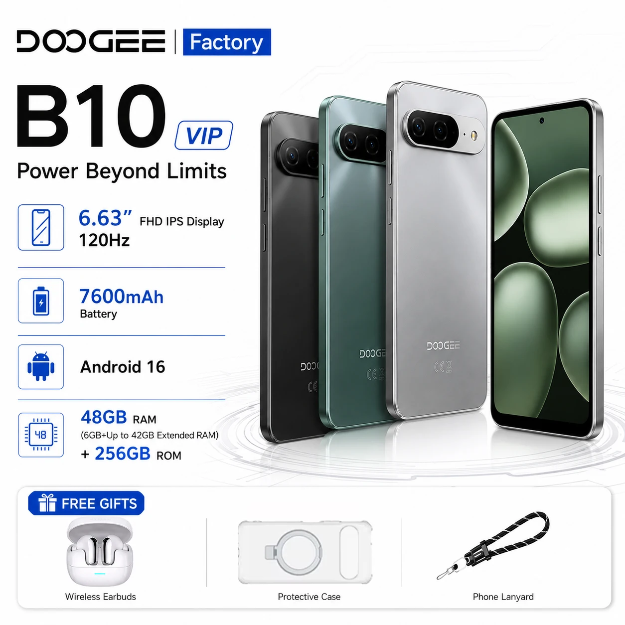 Smartphone DOOGEE B10 VIP Edition (Version globale) Android 16, écran IPS FHD 6,63", 48 Go (6 Go + 42 Go) + 256 Go, batterie 7600 mAh, appareil photo 64 MP, charge rapide 33 W