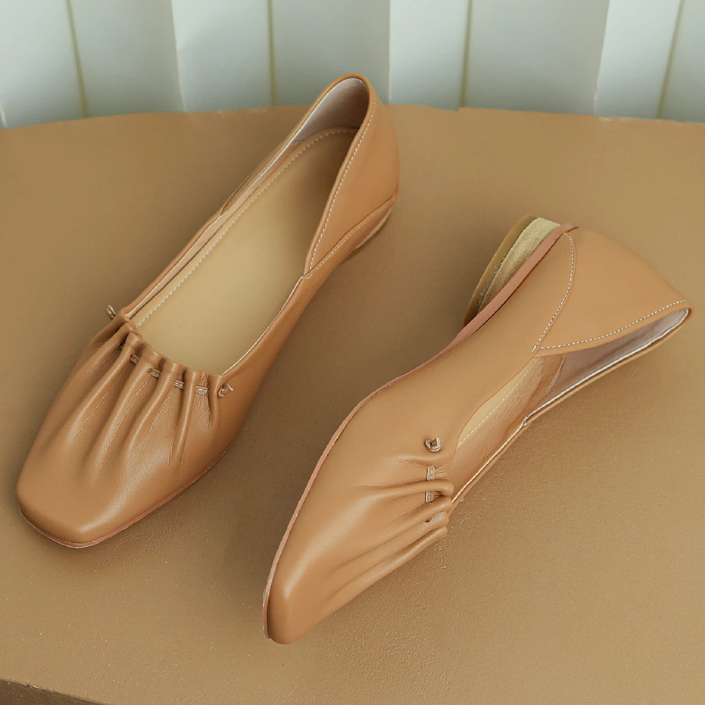 

Women's genuinne leather square toe pleated slip-on ballet flats leisure soft comfortable casual daily ballerians shoes women