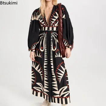 Nuovi Eleganti Abiti Maxi Retrò 2026 per Donne, Sexy con Scollo a V, Maniche a Lanterna, Moda Monopetto, Stampa, Vita Alta, Vestito a Linea A