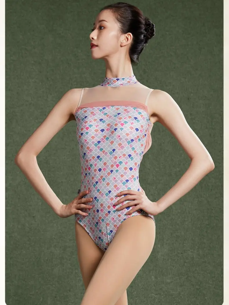

Stand Collar Sleeveless Ballet Dance Bodysuit Women's Printed Ballet Leotard Mesh Back Stage Performance Dancewears W22176