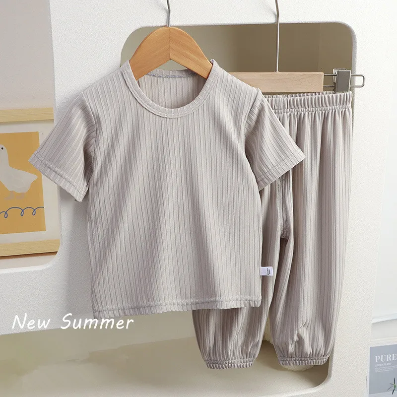 2Pcs Kids Ribbed Short Sleeve Pajama Set, Toddler Boys Girls Solid Color Sleepwear, Children's Soft Cotton Short Set for Summer