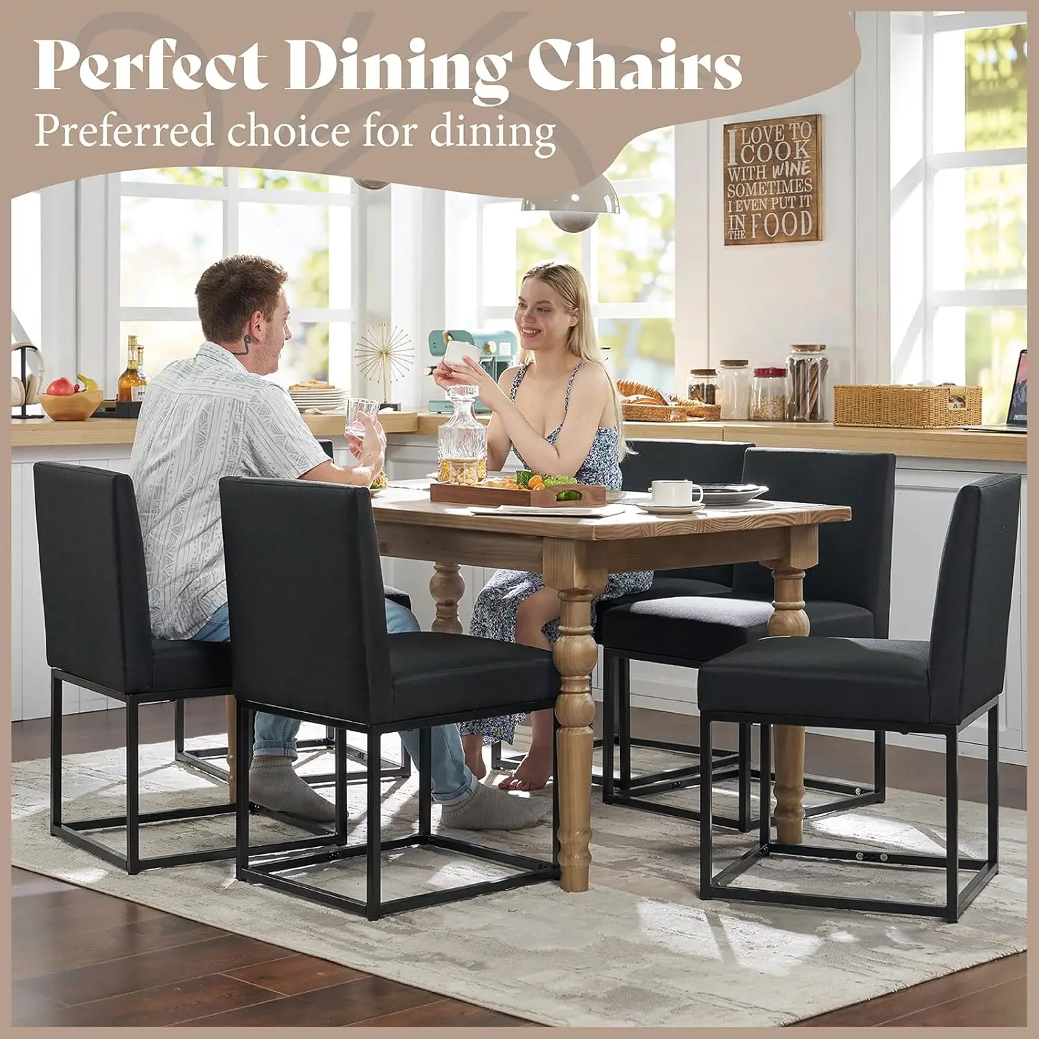 Mid Century Linen Dining Chairs Set of 6, Modern Upholstered Dinner Chairs with Metal Frame for Restaurant, Dining Room, Kitchen 6