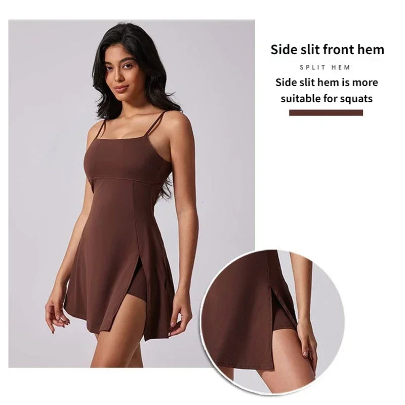 Women's Anti-glare Sports Beautiful Back Dress Removable Chest Cushion Breathable Outdoor Yoga Tennis Skirt