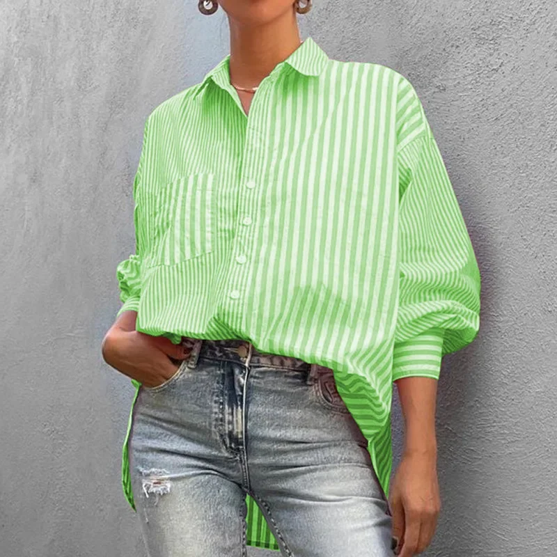 

Polo Collar Loose Long Sleeve Striped Shirts Wepbel Casual Shirt Tops Women Pockets Top Loose Single Breasted Shirts Blouses