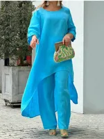 Women S Cotton Linen Long Pants Sets Fashion Solid Casual Irregular Tops Wide Leg Pant Suits.jpg