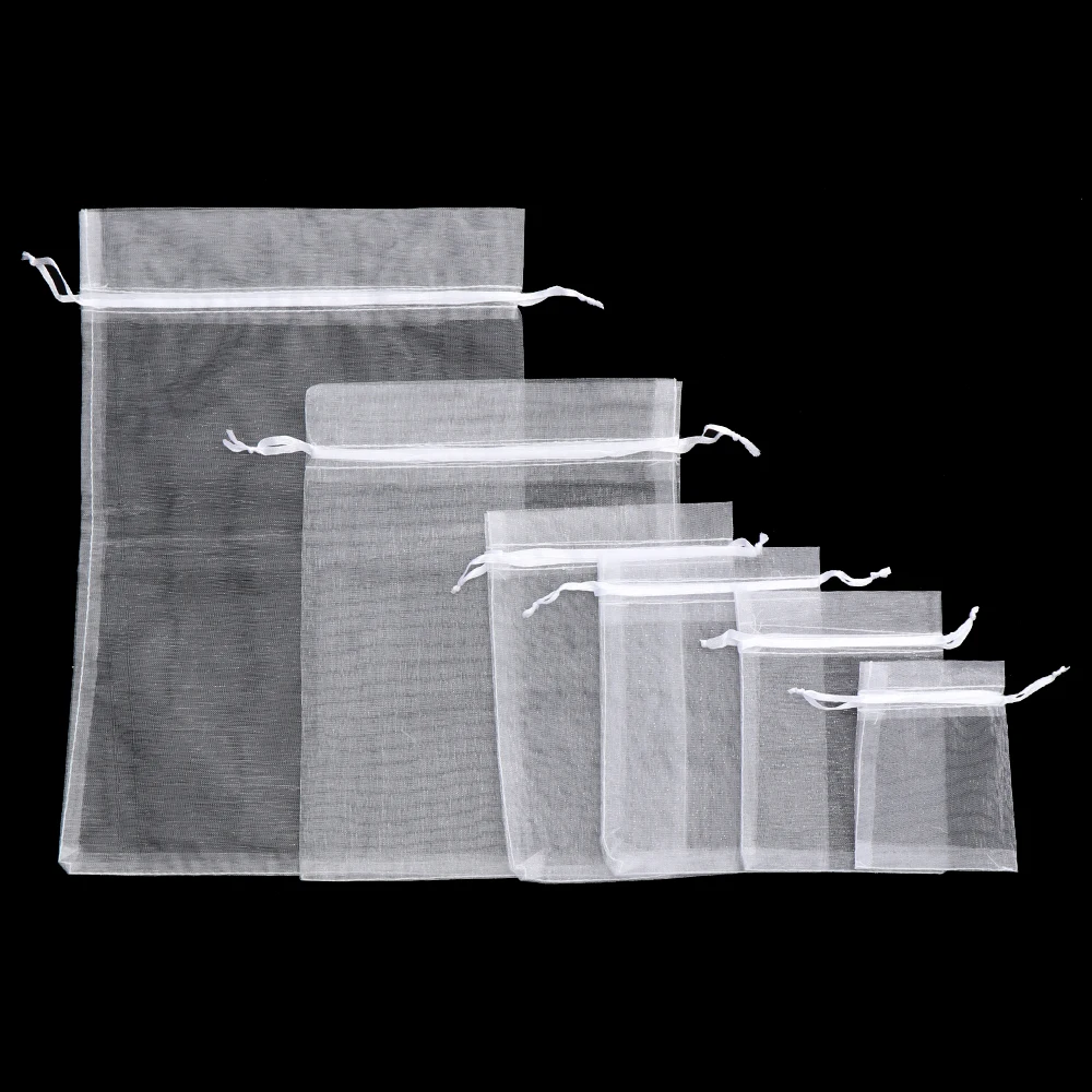 25/50Pcs White Drawstring Pocket Drawable Candy Pouches Organza Gauze Sachet Gift Bags Jewelry Packing Christmas Party Supply 2