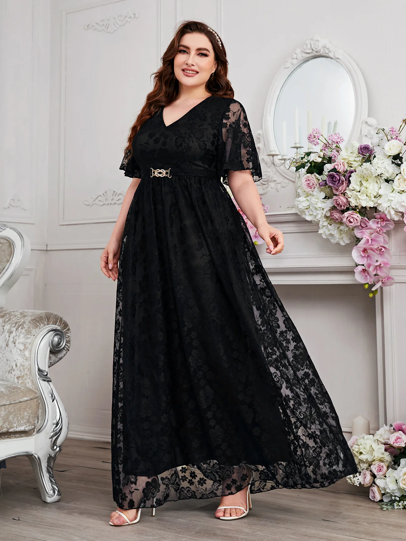 green emerald velvet dress Embroidered Boho Long Lace Dress Large
