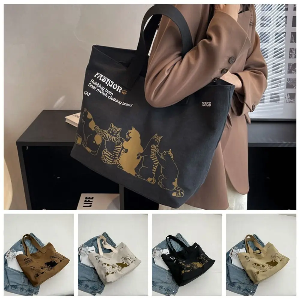 Print Cat Tote Bag Cute Large Capacity Letter Animal Handbag Shopping Bag Lunch Bag Canvas Shoulder Bag Travel
