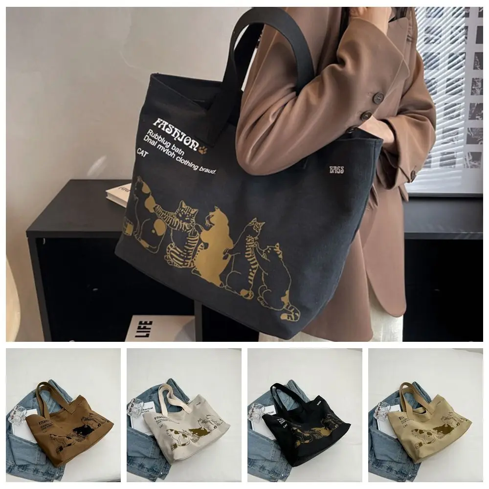 

Print Cat Tote Bag Cute Large Capacity Letter Animal Handbag Shopping Bag Lunch Bag Canvas Shoulder Bag Travel