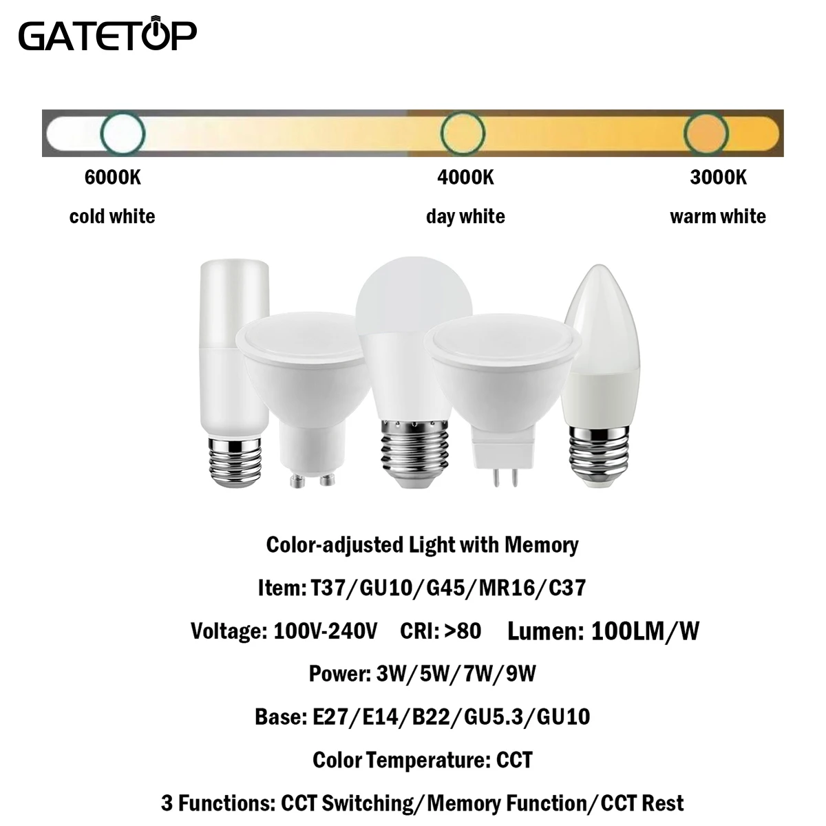 10PCS New LED Smart Light 3 Color-Adjusted with Memory 3-9W 100-240V GU10/MR16/C37/T37/G45 No Strobe 3 Functions for Home Office