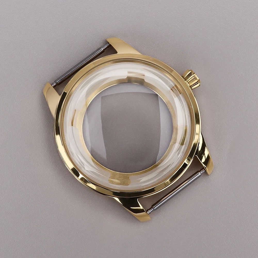 Elegant Stainless Steel Watch Case with Arched Glass and Transparent Back - Available in Silver, Gold, and Rose Gold Finishes