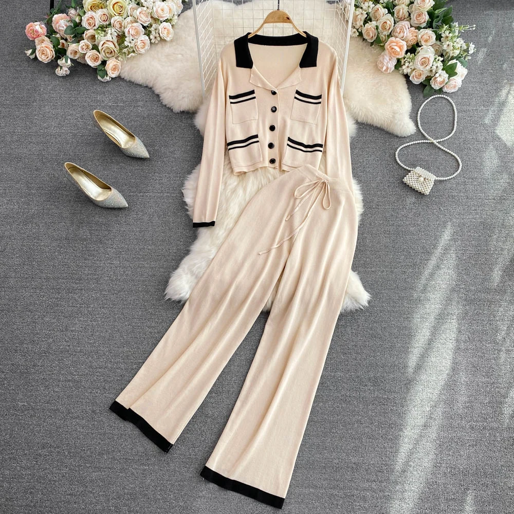

Fashionable Retro Temperament Contrast Color Lapel Long-sleeved Knitted Cardigan Two-piece Casual High-waisted Slim Straight Wid