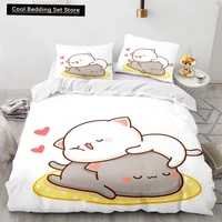 Lovely Peach Cat Bedding Set Cartoon Comforter Sets Double Queen King Twin Full Size Duvet Cover Set Kids Girls White Bed Linen