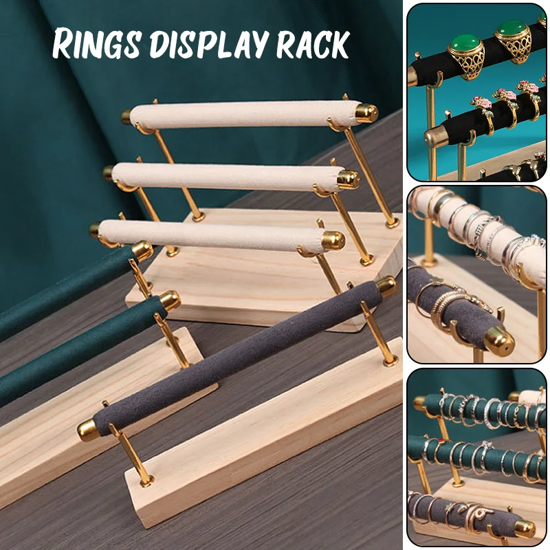 Wooden Base Velvet Rings Organizer Holder Three Layers Jewelry Display Stand Storage Rack Counter Ring Jewelry Display Stand