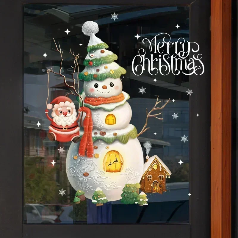 1Pcs Christmas Window Glass Sticker Cartoon Snowman Pattern Home Living Room Wall Holiday Self-adhesive Decoration Accessories