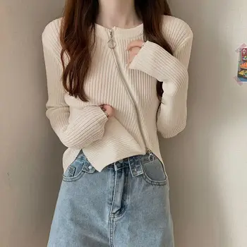 디자이너 패션 집업 가디건, 여성 라운드넥 스웨터, 불규칙한 니트 긴 소매 탑 티셔츠, 한국 의류, 니트웨어, 2023 년 신상품