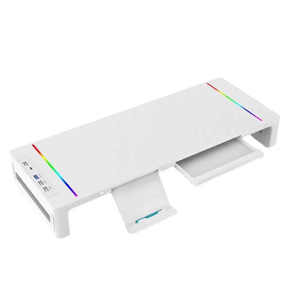 RGB 조명 모니터 스탠드 라이저, USB 3.0 & 2.0 허브, 접이식 노트북 거치대, 인체공학적 디자인, 수납 서랍 포함