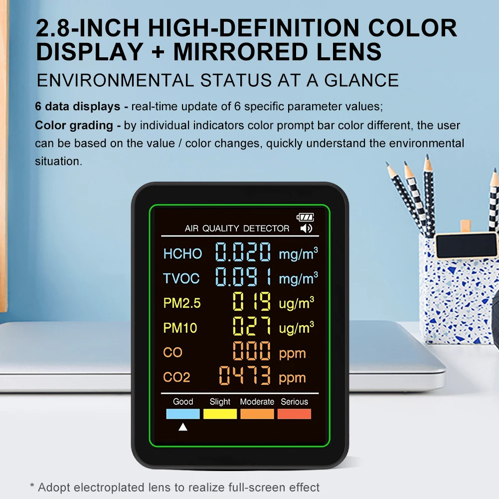 6-in-1 Air Quality Meter Real-Time Formaldehyde TVOC PM2.5 PM10 Carbon Dioxide CO Tester HCHO Detector for Office School & Hotel
